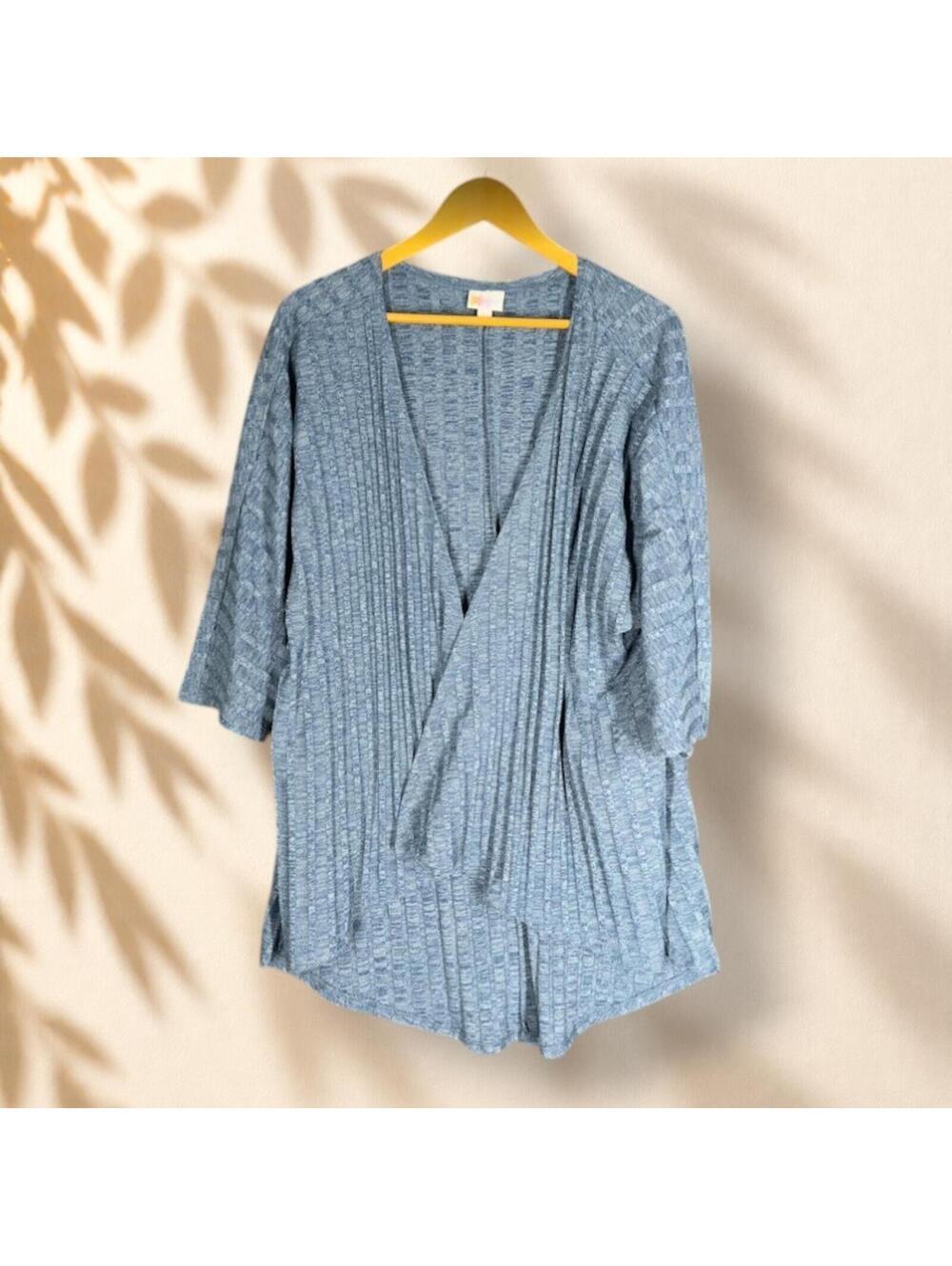 LulaRoe Top Women L Large Blue Open Front 3/4 Sleeve Stretch Casual Solid
